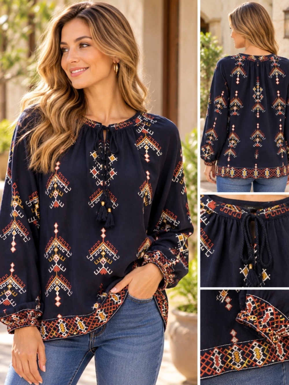 Madewell Women’s Boho Printed Blouse – Navy – Size XS – 100% Cotton